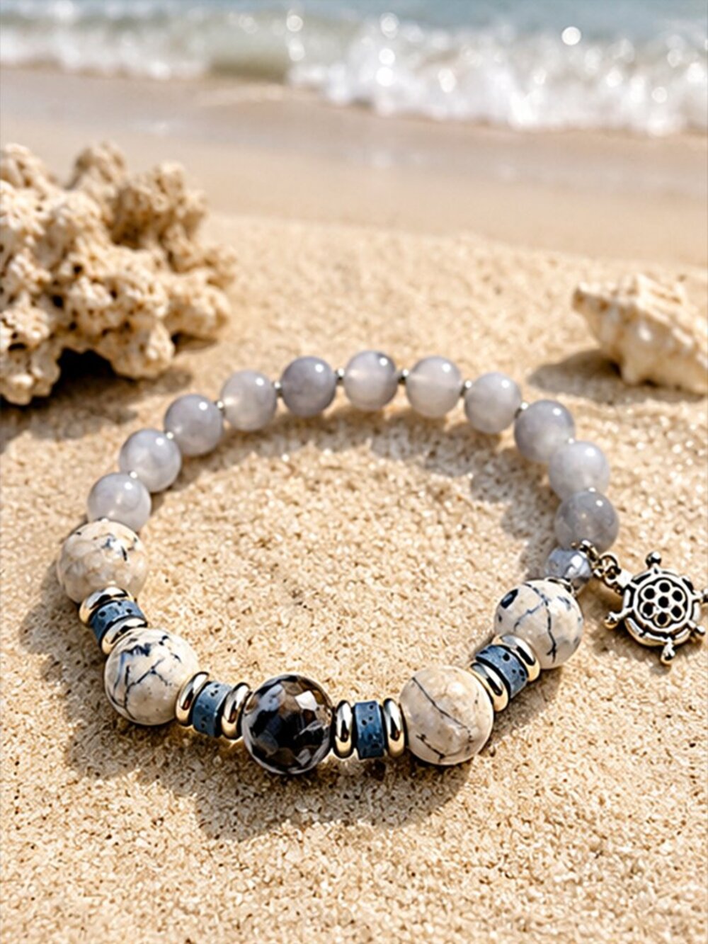 Coastal Stacking Bracelet, Blue Volcanic Rock Heishi & Czech Crystal w/Turtle